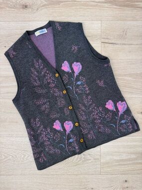 Camela Vintage Rose Print Wool Blend Button Down V-Neck Sweater Vest